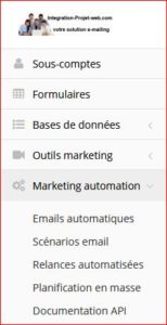 Menu gauche de réglage des fonctionnalités Campagnes Mail et SMS Partie 2